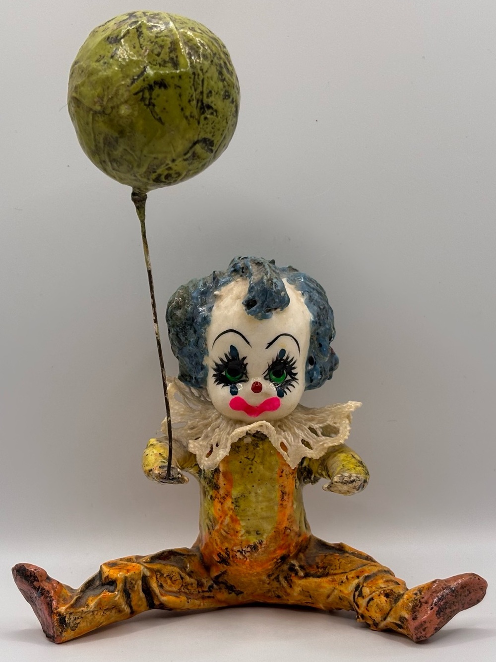 Handmade Vintage Paper Mache Figurine of Clown Holding Balloon Halloween Decor